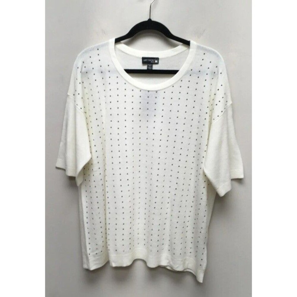 Antthony Women's Ivory Round Neck Short Sleeve Pullover Embellished Sweater 1X